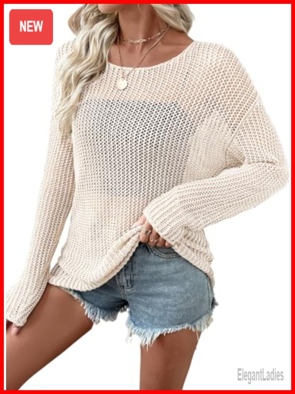 Crochet Sweater Hollow Out Knit Long Sleeve Crewneck Slouchy Pullover
